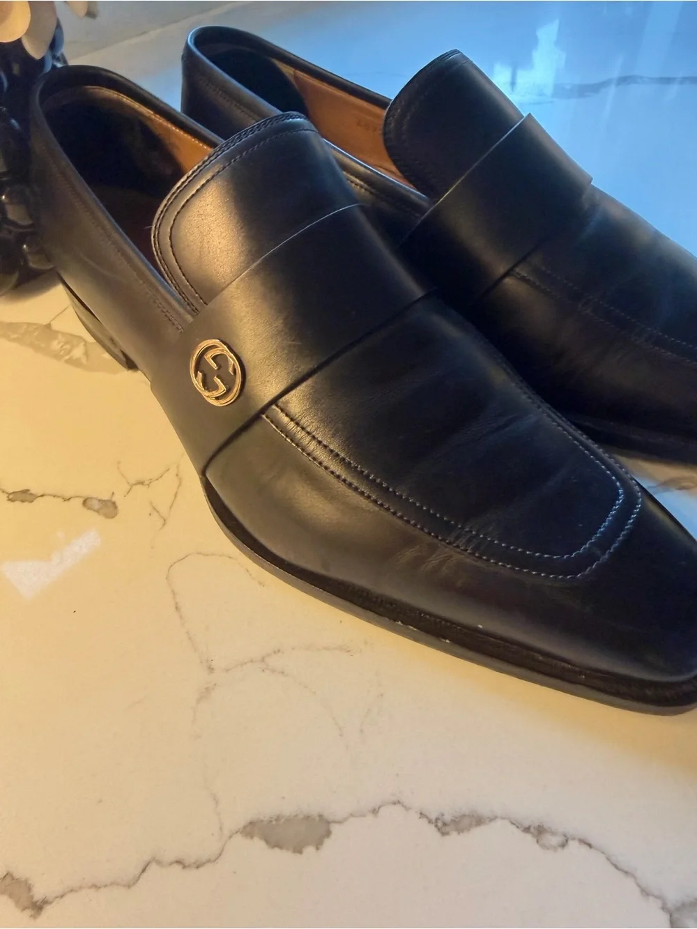 Gucci Black Leather Slip-On Loafers with Silver Interlocking G